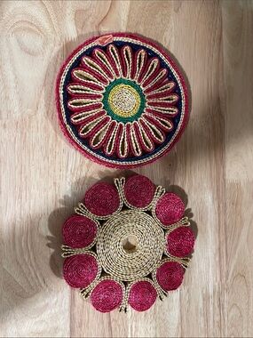 Vintage 1960 s Red and Natural Decorative Trivet Set for hot things